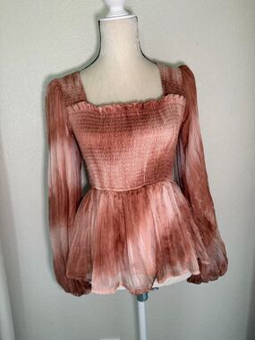 Smocked Square-Neck‎ Peplum Blouse, Size Small
